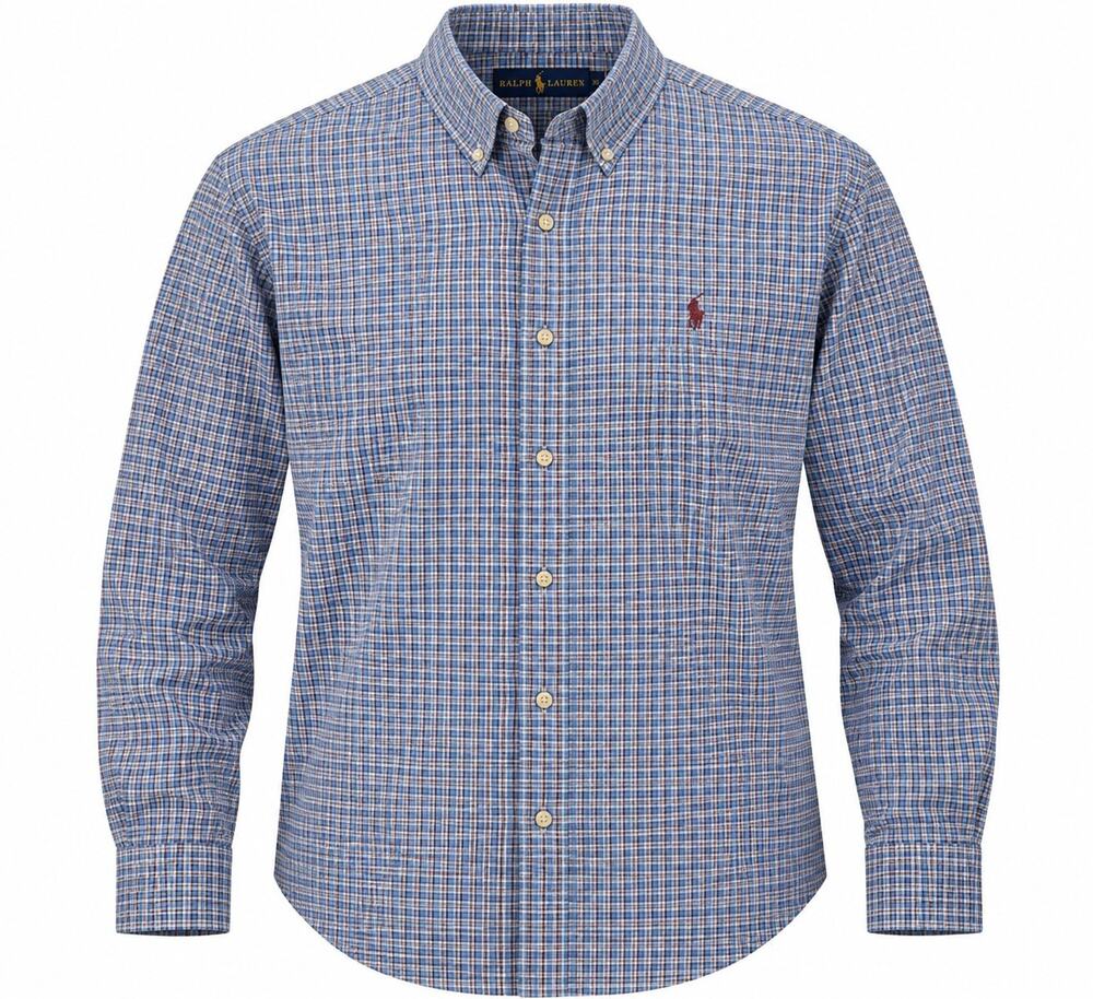 Ralph Lauren Mens XL Blue Plaid Check Button Down Long Sleeve 100% Cotton Shirt